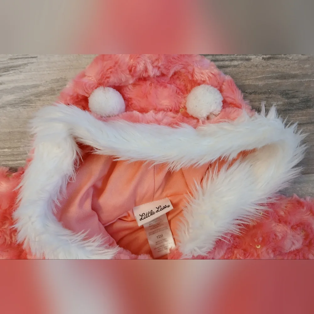Little Lass Faux Fur Hooded Poncho – Size 12M – Coral Pink – Sparkle Details